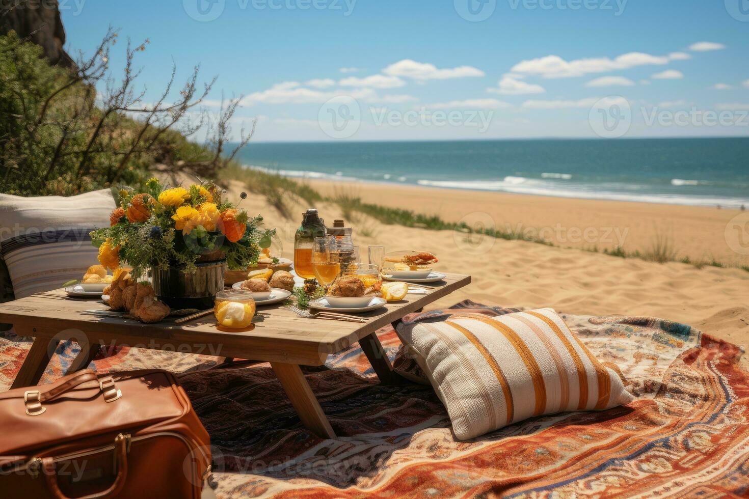 picknick på de matta strand se professionell reklam fotografi ai genererad foto