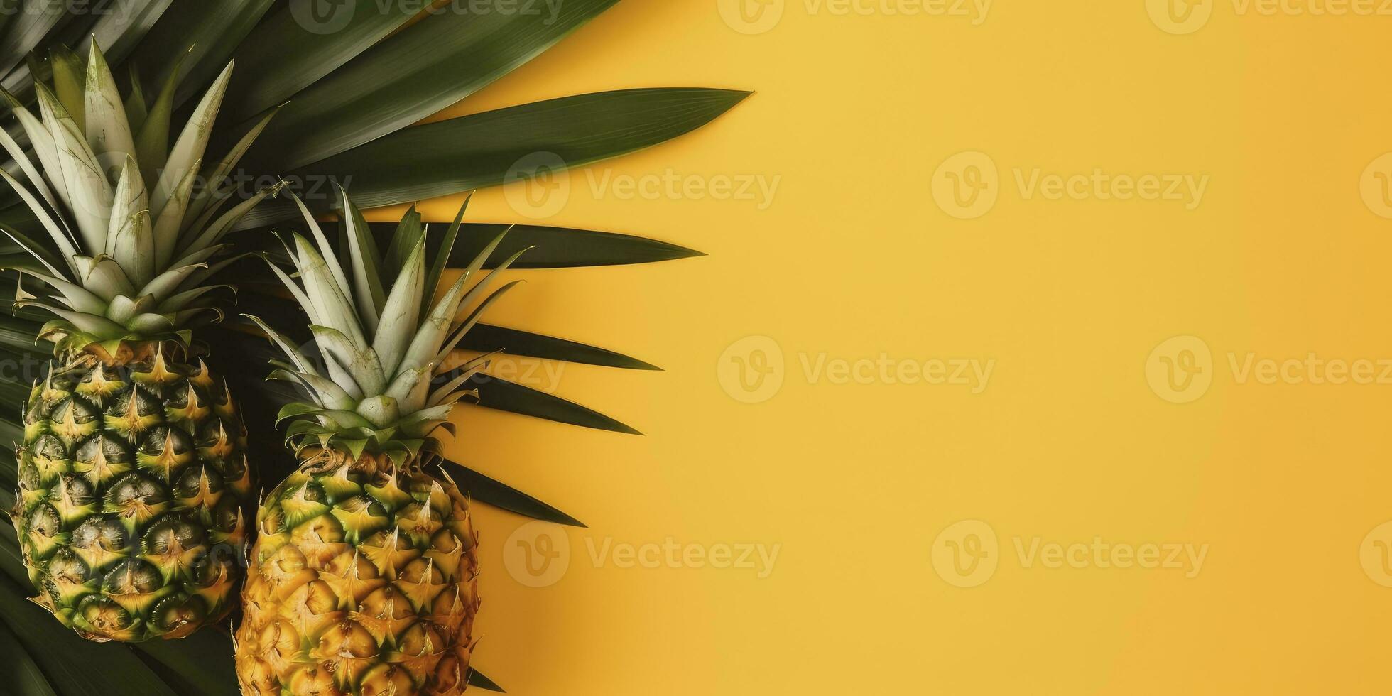 tropisk ananas och handflatan på gul bakgrund. tömma Plats platt lägga. kreativ minimal sommar begrepp. generativ ai foto