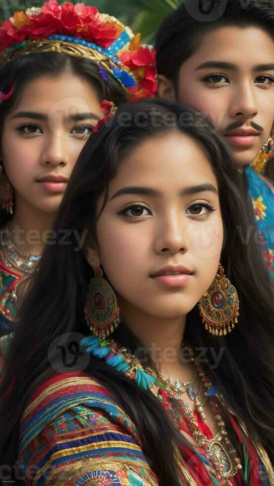 skön latinamerikan arv flicka, fira kultur kvinna traditionell klänning med smink, ai generativ foto