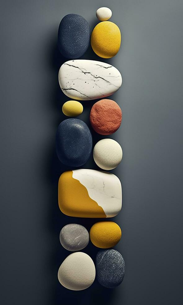 några färgrik stenar är visas, mörk Marin och gul, ai generativ foto