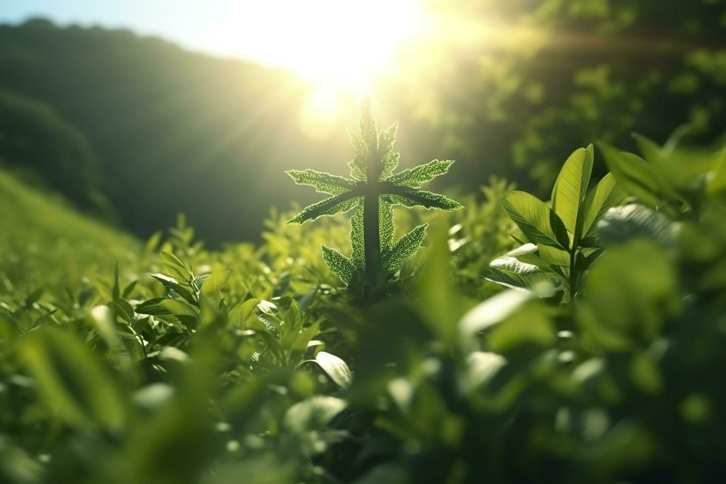 de korsa av Gud med grön blad, i de strålar av de Sol och blå himmel. korsa på de kulle med grön träd och graeen naturlig se. religiös begrepp, ai generativ foto