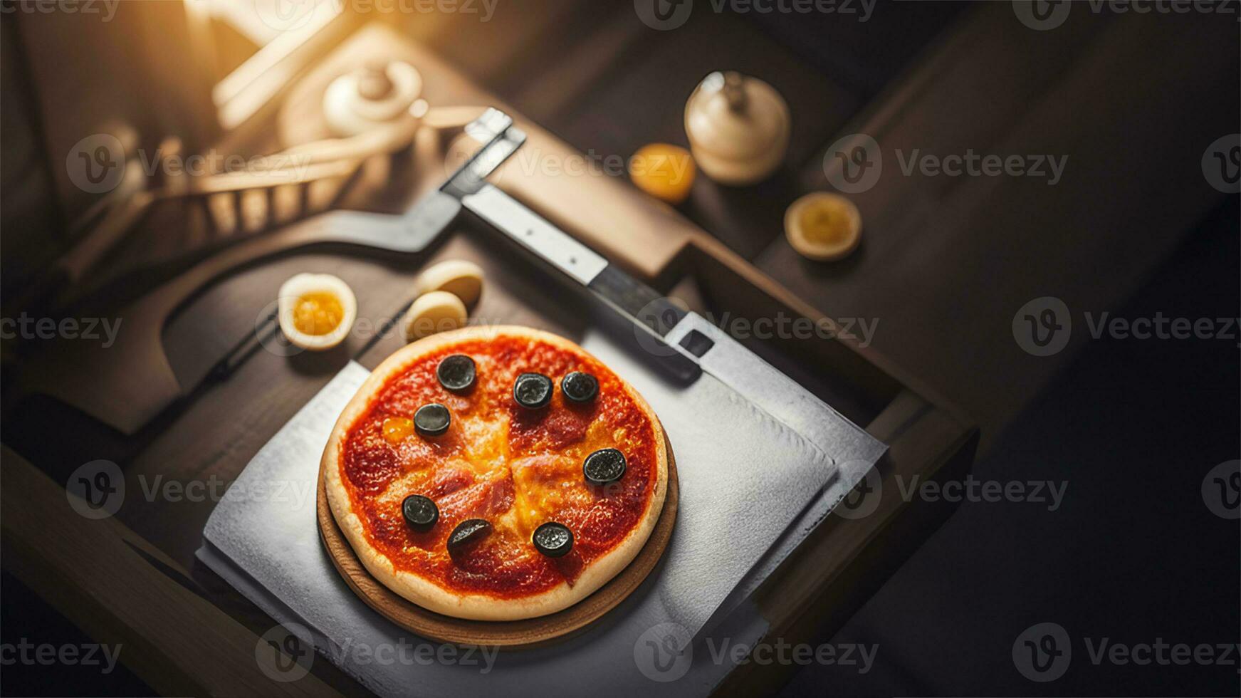 pizza med mozzarella ost, tomater och basilika på en svart trä- bakgrund ai genererad foto