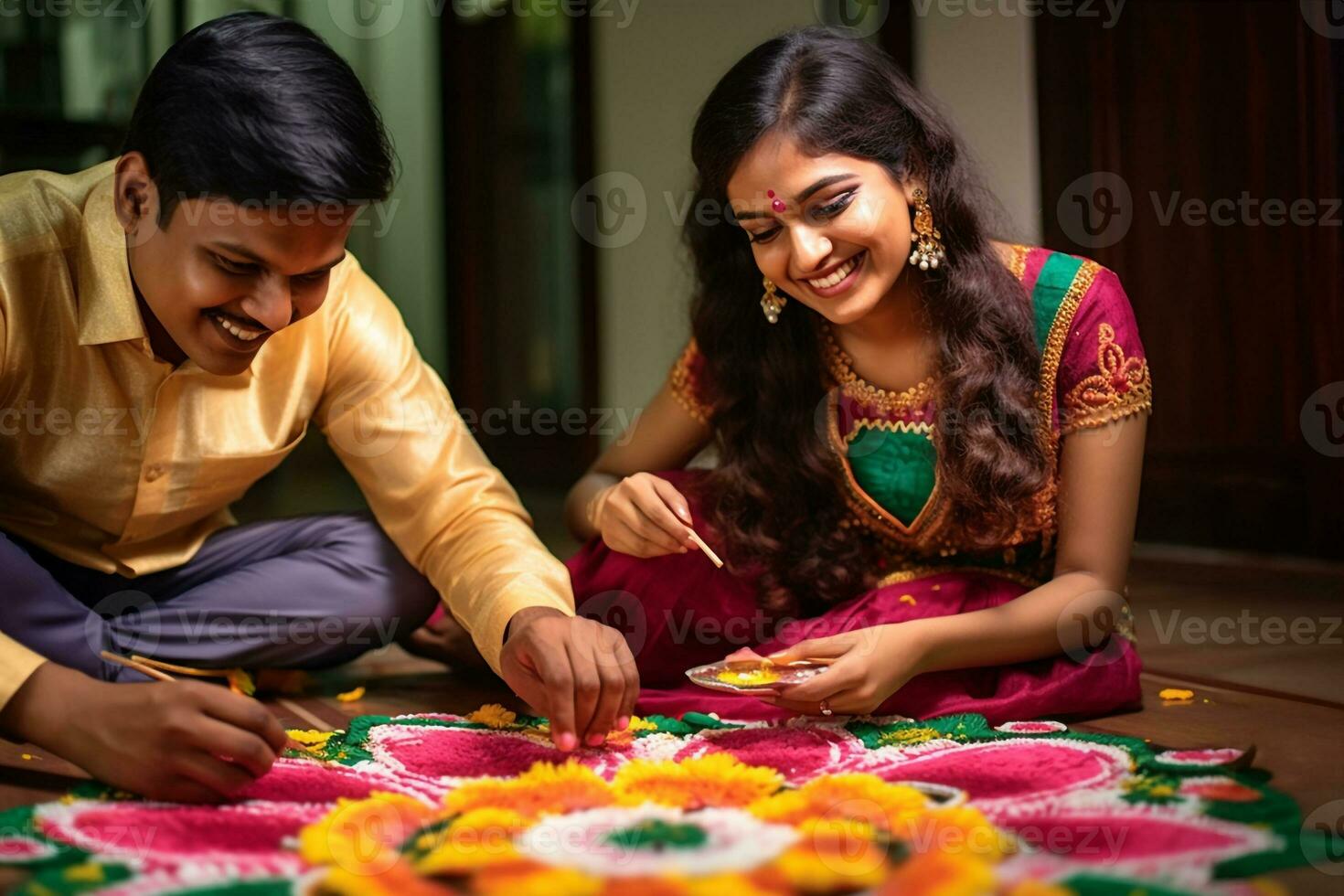 en Foto av ett indisk par framställning en blomma rangoli på diwali eller onam, ai generativ