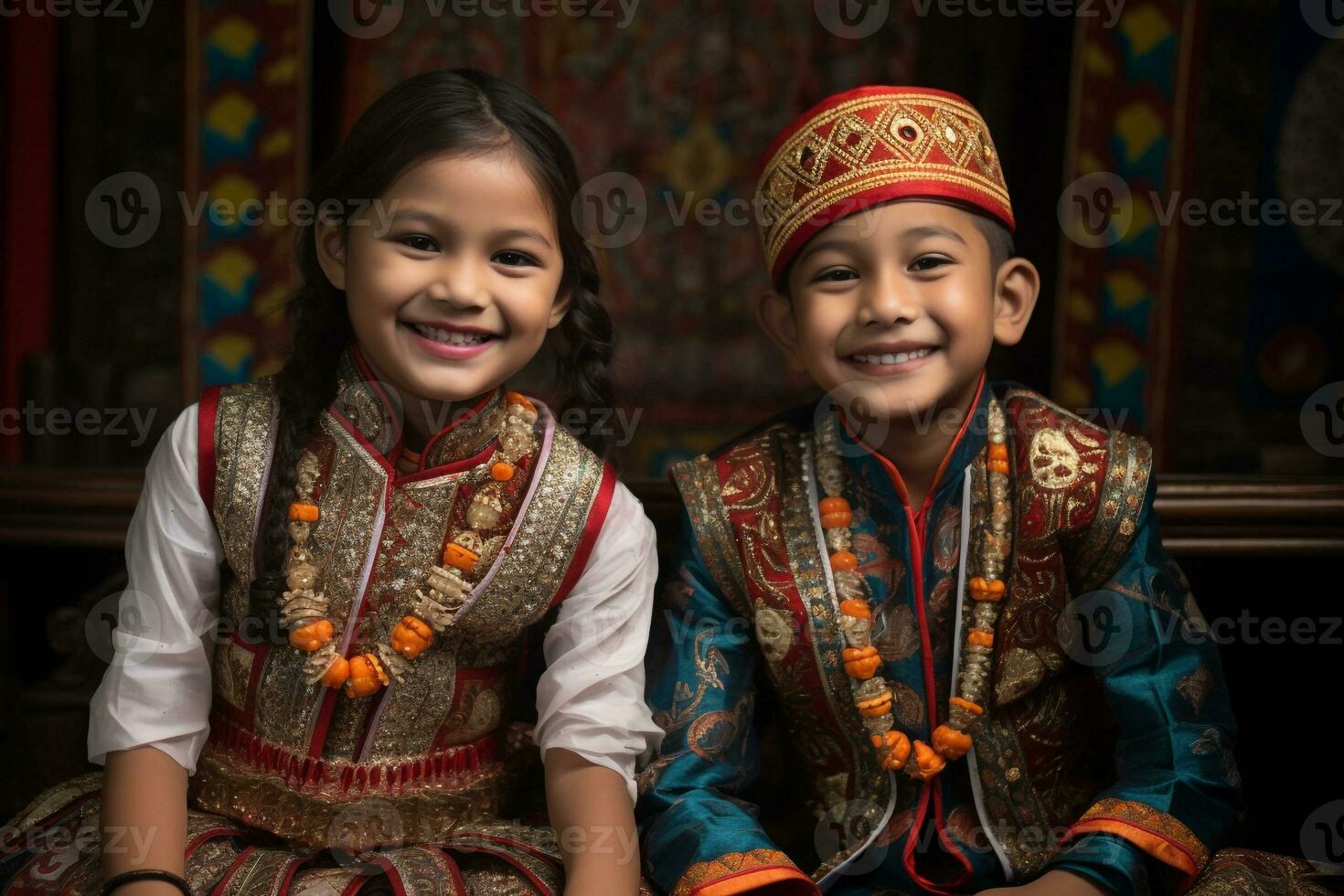 en bild av två ung bröder och systrar bär traditionell kläder och fira de bhai dooj festival, ai generativ foto