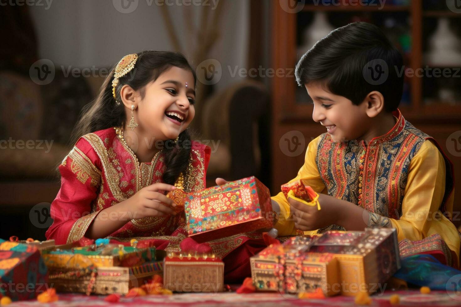 en Foto av bror och syster i traditionell indisk kläder fira bhai dooj och spelar med en gåva låda, ai generativ