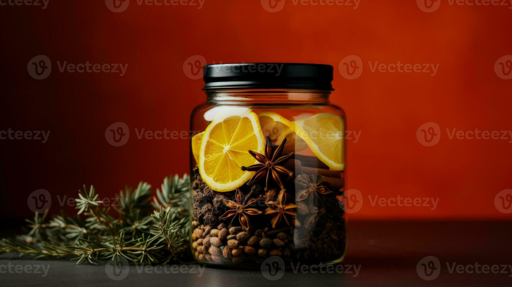 ört- jul te blandning i en glas burk isolerat på en lutning bakgrund foto