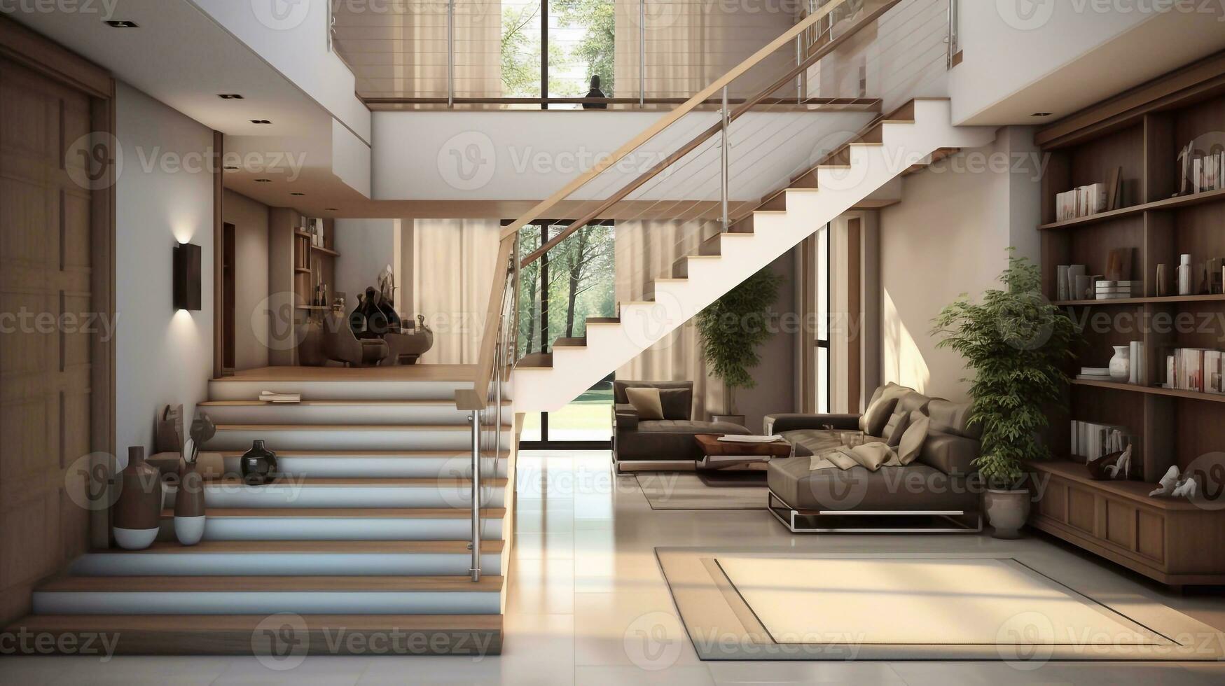 en Foto av lyx interiör design av levande rum med trappa. 3d tolkning generativ ai