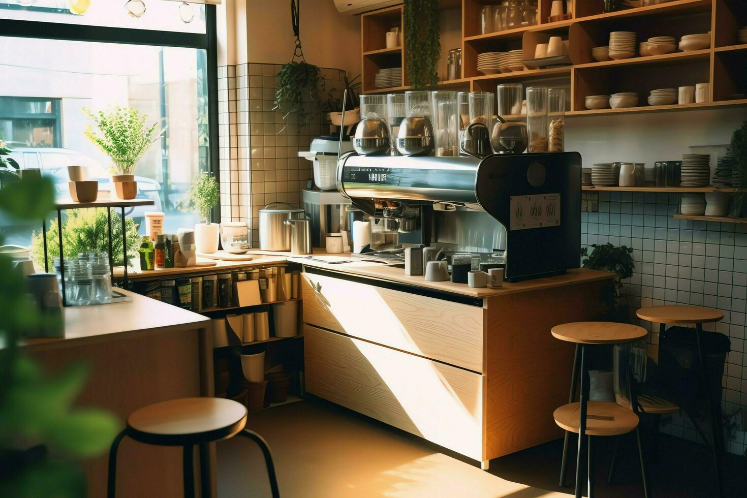 inuti rena kök av en modern restaurang eller mini Kafé med matlagning redskap och små bar disken begrepp förbi ai genererad foto