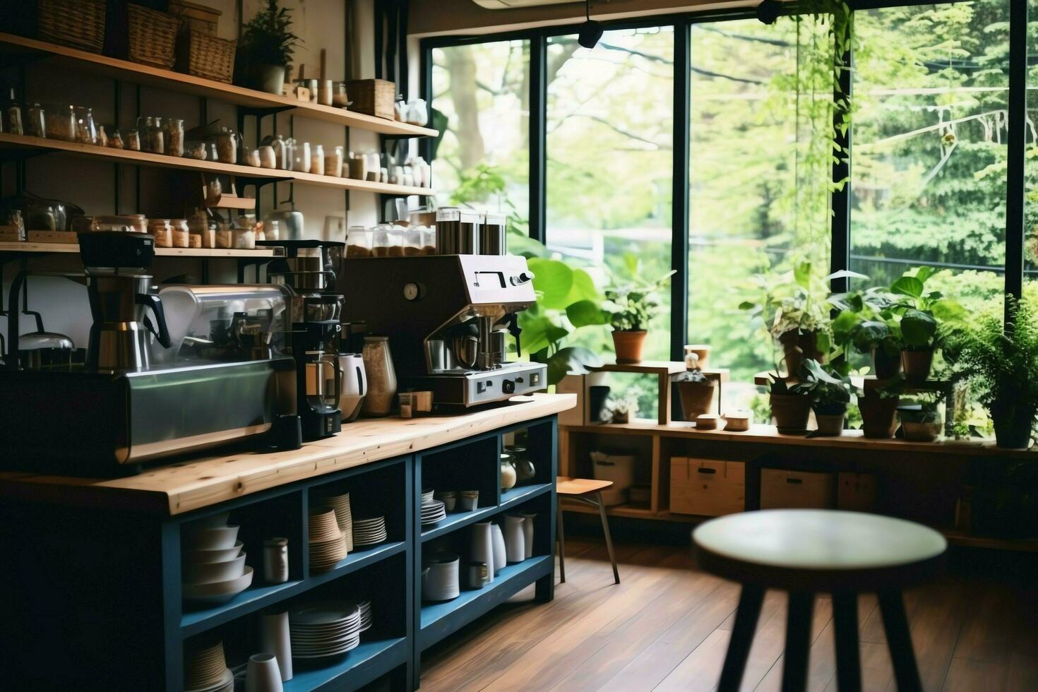 inuti rena kök av en modern restaurang eller mini Kafé med matlagning redskap och små bar disken begrepp förbi ai genererad foto