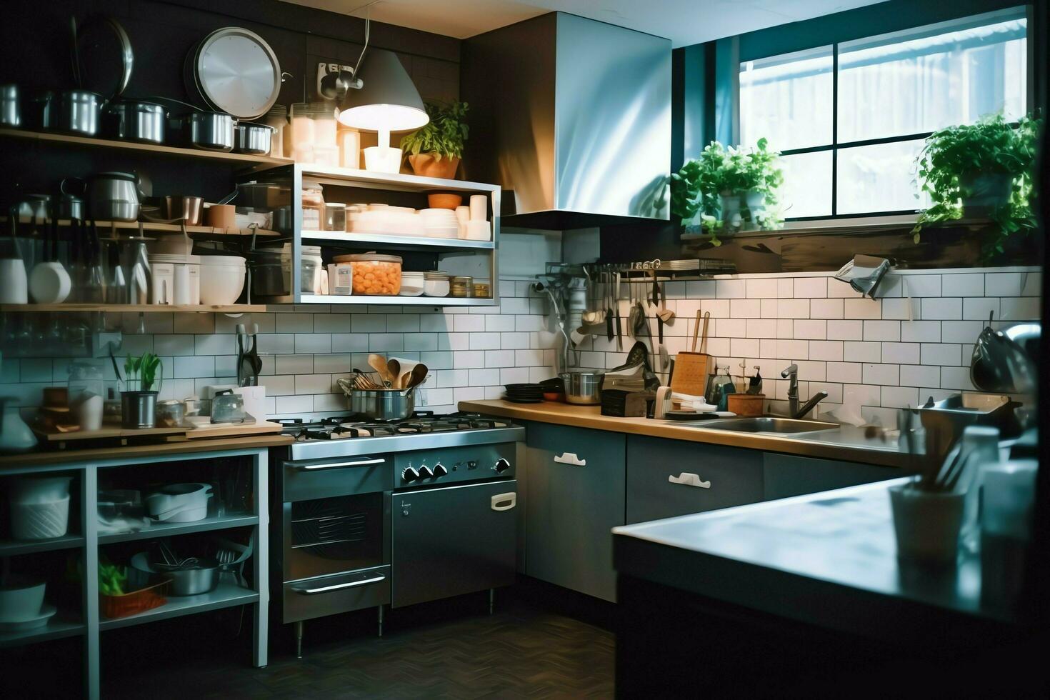 inuti rena kök av en modern restaurang eller mini Kafé med matlagning redskap och små bar disken begrepp förbi ai genererad foto