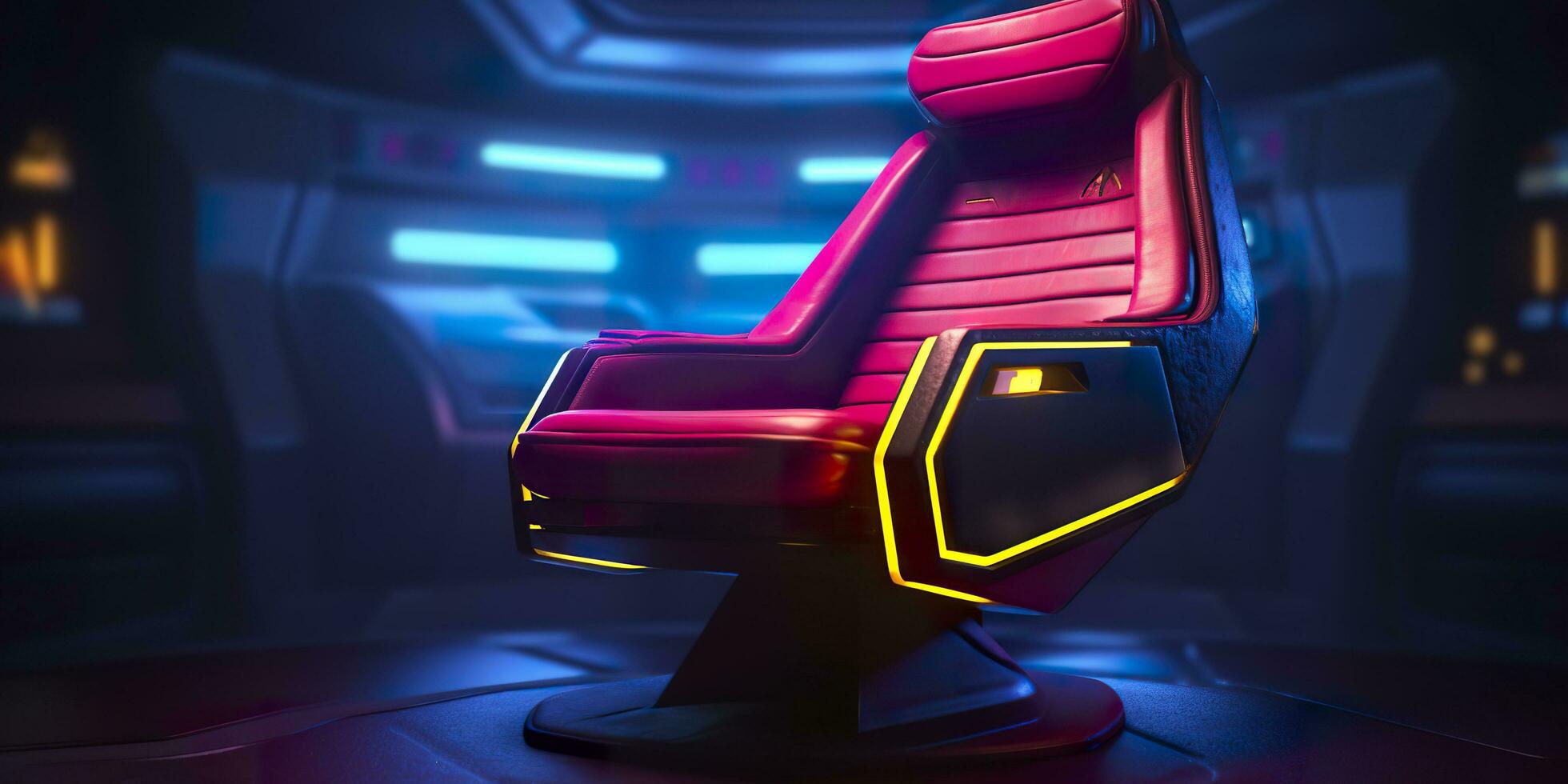 80s inspirerad kapten stol från stjärna vandra med neon lampor och cockpit interiör bakgrund. ai generativ foto