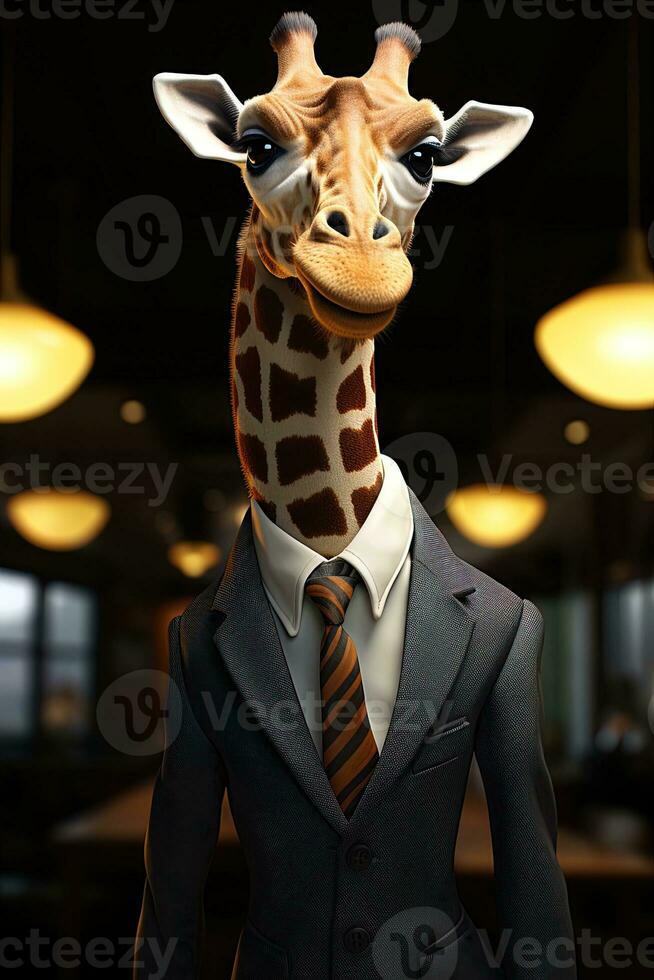 giraff i en kostym och slips i en Kafé. antropomorf djur. ai generativ foto