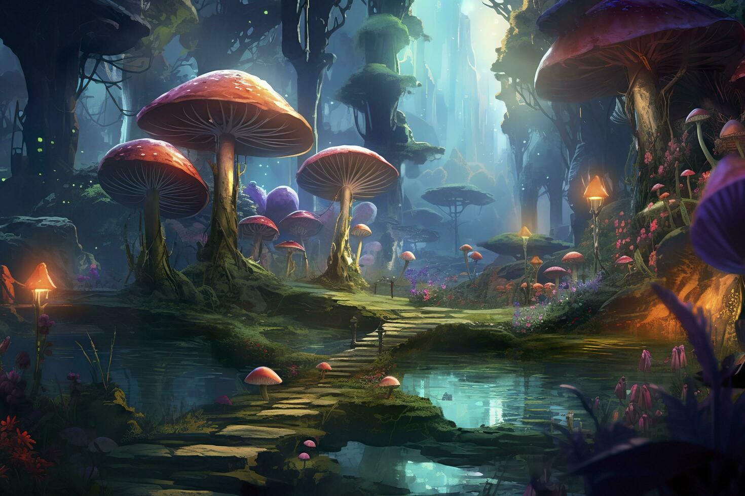 de skog är belyst upp med svamp och blommor, i de stil av realistisk fantasi konstverk, fantastiskt gata, mörk smaragd- och ljus cyan, ai generativ foto
