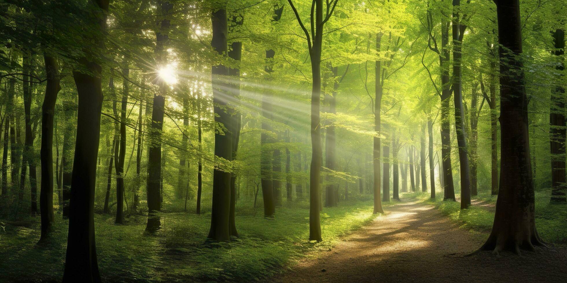 skön strålar av solljus i en grön skog. generativ ai foto