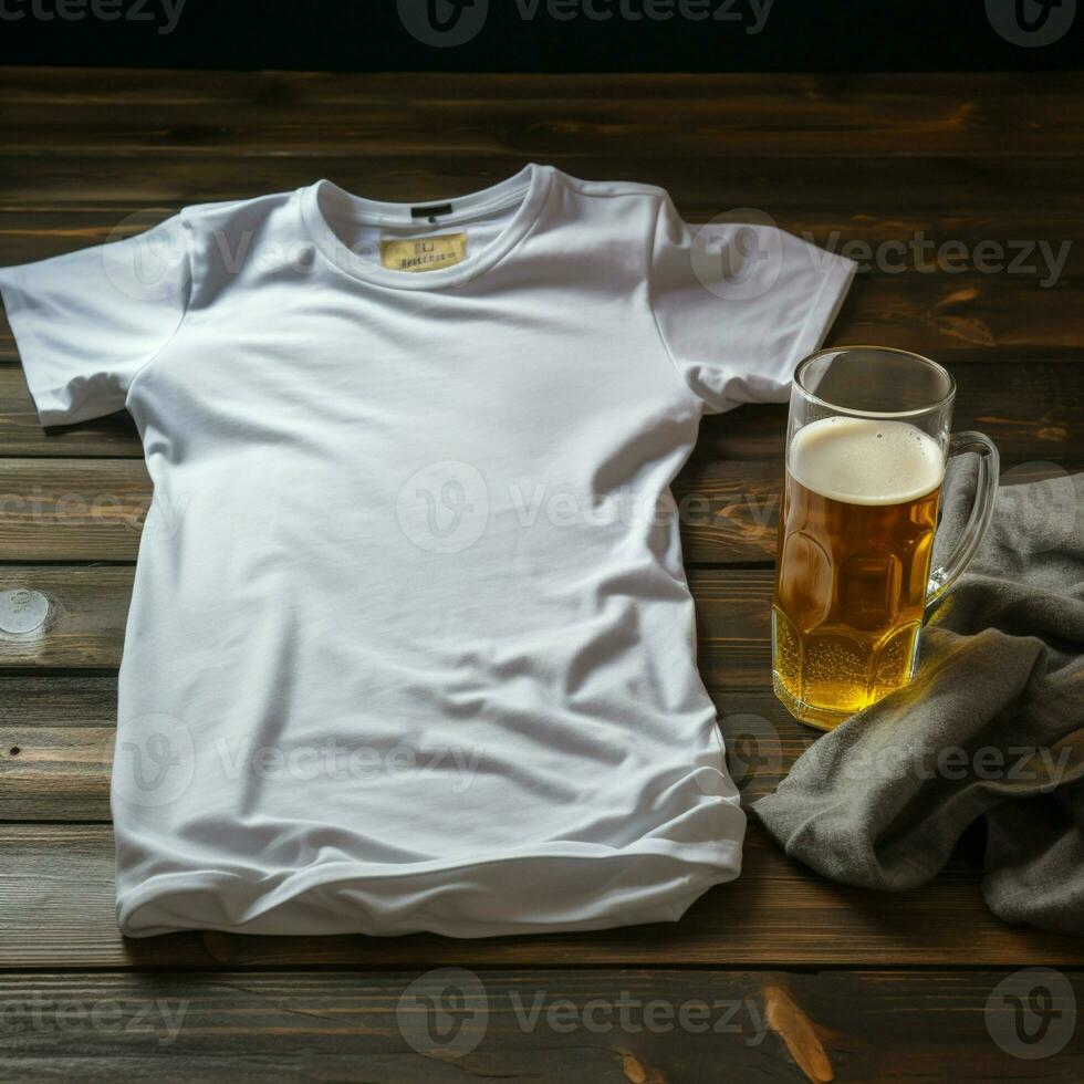 ai genererad tom vit t - skjorta liggande i en sovande placera på en tabell och är flera glas av öl foto
