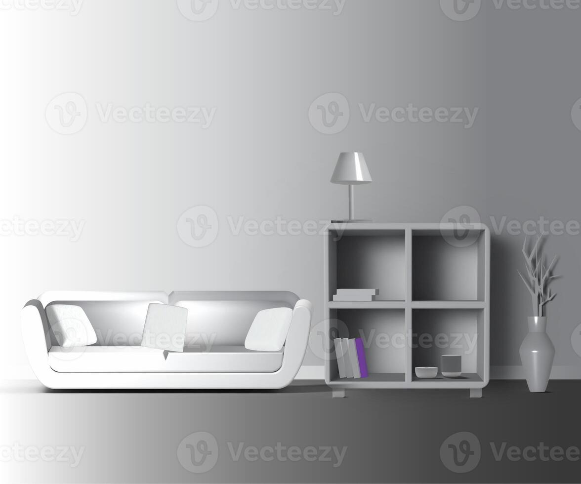 3d levande rum interiör design med soffa, bord eller 3d interiör illustration foto