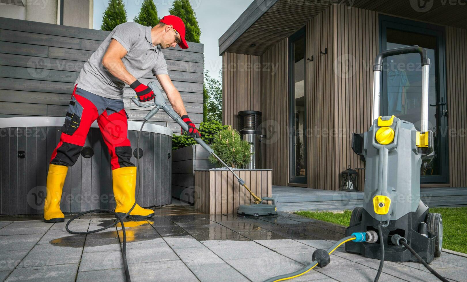 arbetstagare kraft tvättning uteplats betong tegelstenar använder sig av tryck bricka foto