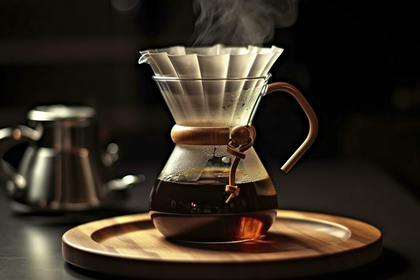 ett alternativ kaffe bryggning metod är ren över, en glas tekanna på en trä- bricka. generativ ai foto