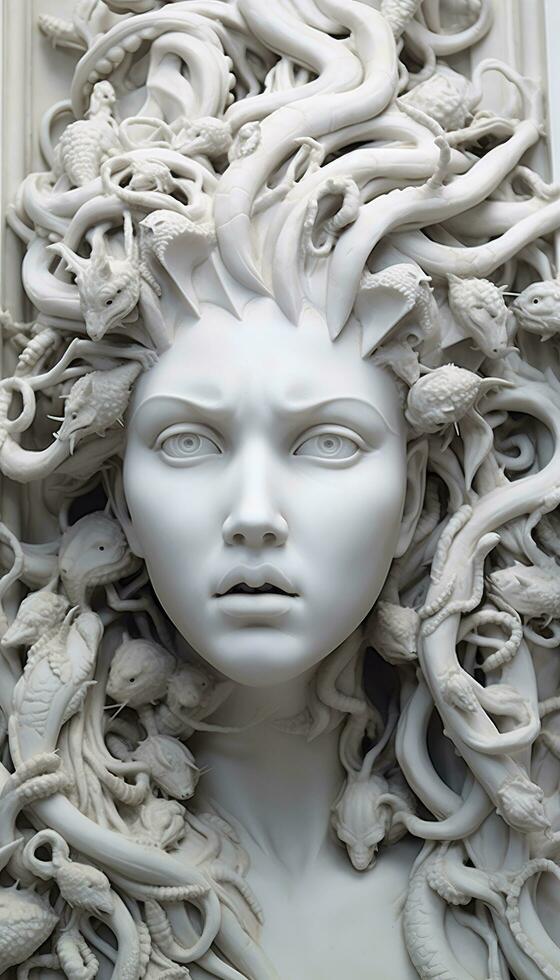 porträtt av cyborg medusa stänga upp ristade i marmor. ai genererad foto