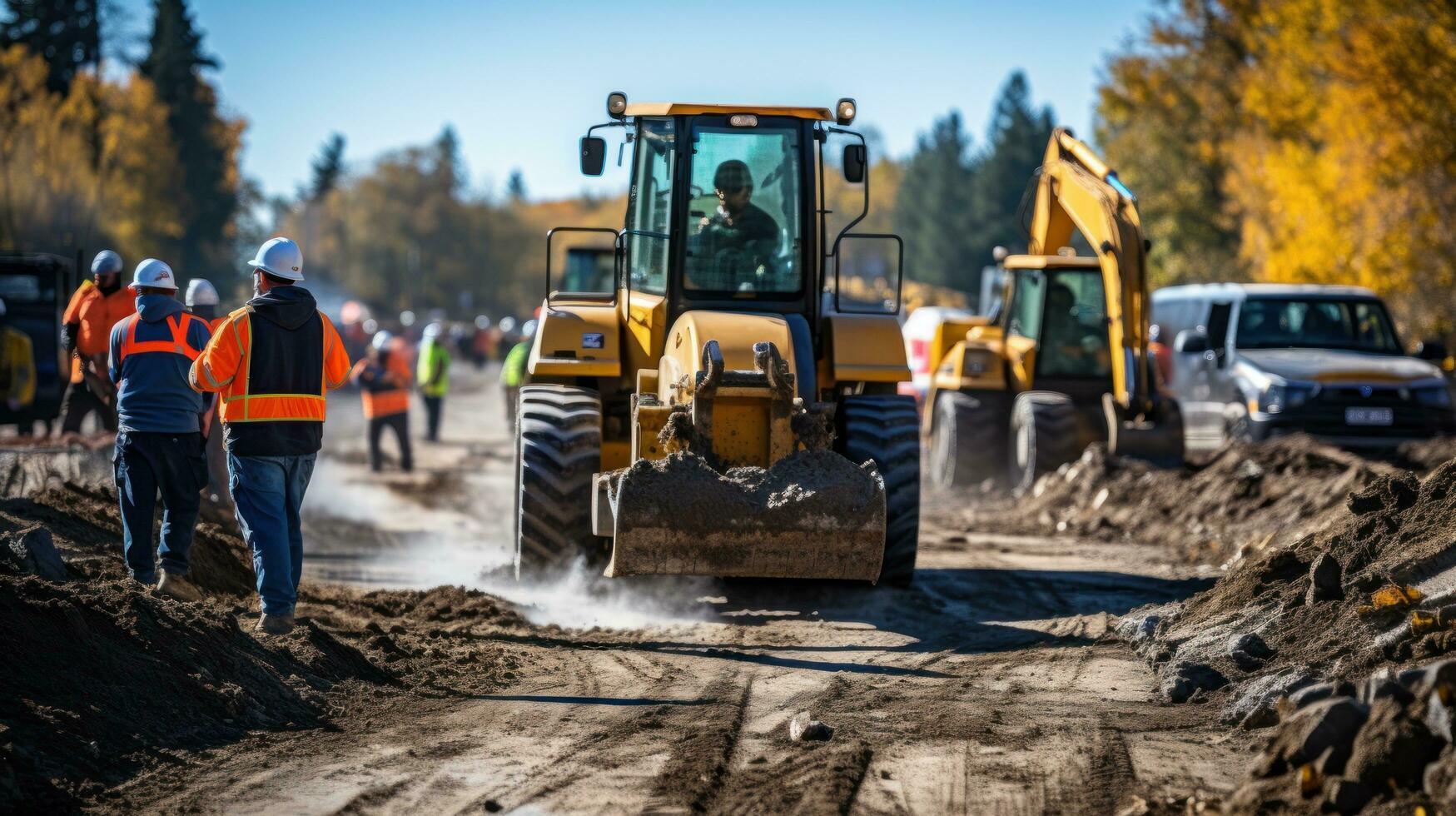 män rörelse tung maskineri på en konstruktion webbplats på en väg foto