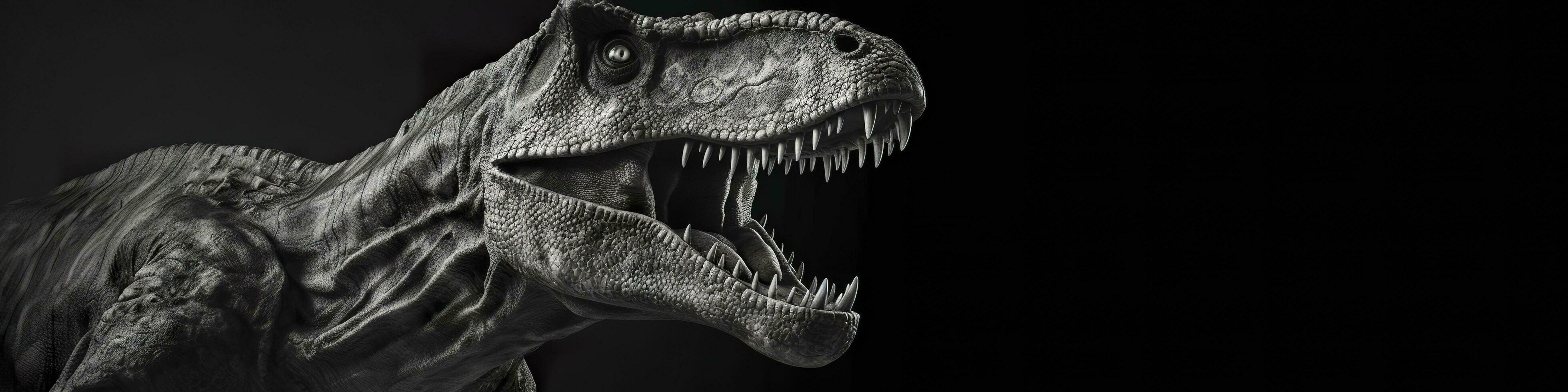 svart och vit fotorealistisk studio porträtt av en tyrannosaurus rex på svart bakgrund. generativ ai foto