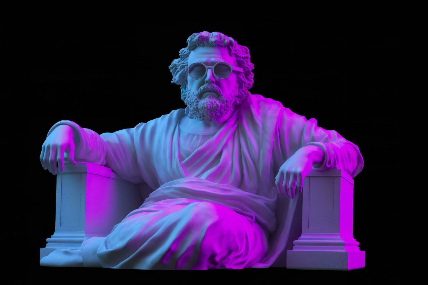 en vit staty av Plato i en Häftigt utgör, bär magenta och cyan 3d glasögon, redo till fest. ai generativ foto