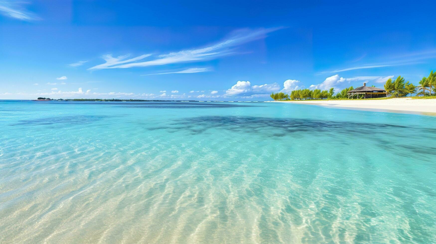 tropisk paradis strand med vit sand och kristall klar blå vatten. skön naturlig sommar semester högtider bakgrund. resa turism bred panorama bakgrund begrepp. ai generativ foto