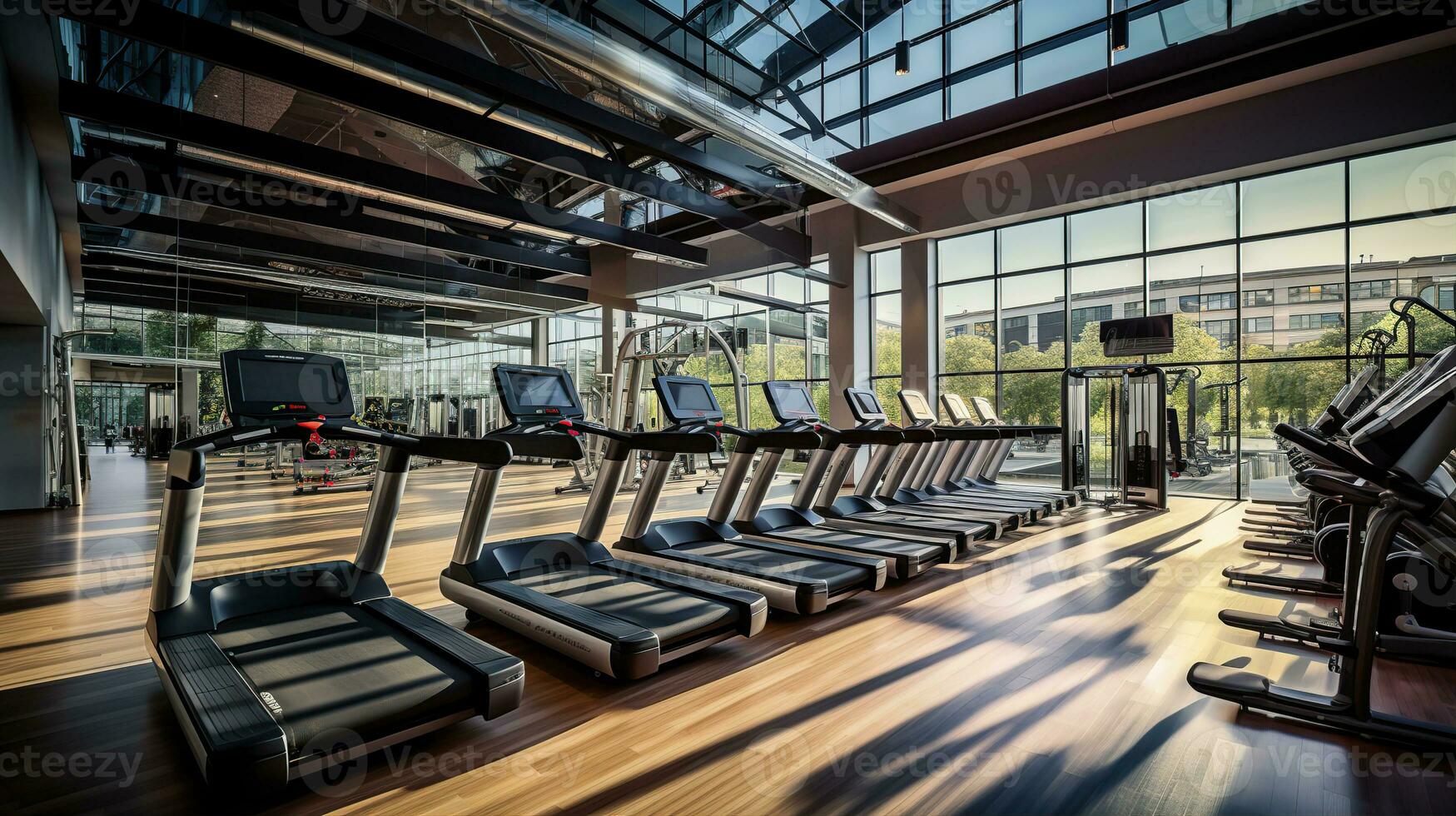 inom Gym med modern kondition Utrustning för kondition evenemang och Mer. modern av Gym interiör med Utrustning. sporter Utrustning i de Gym. skapas med generativ ai foto