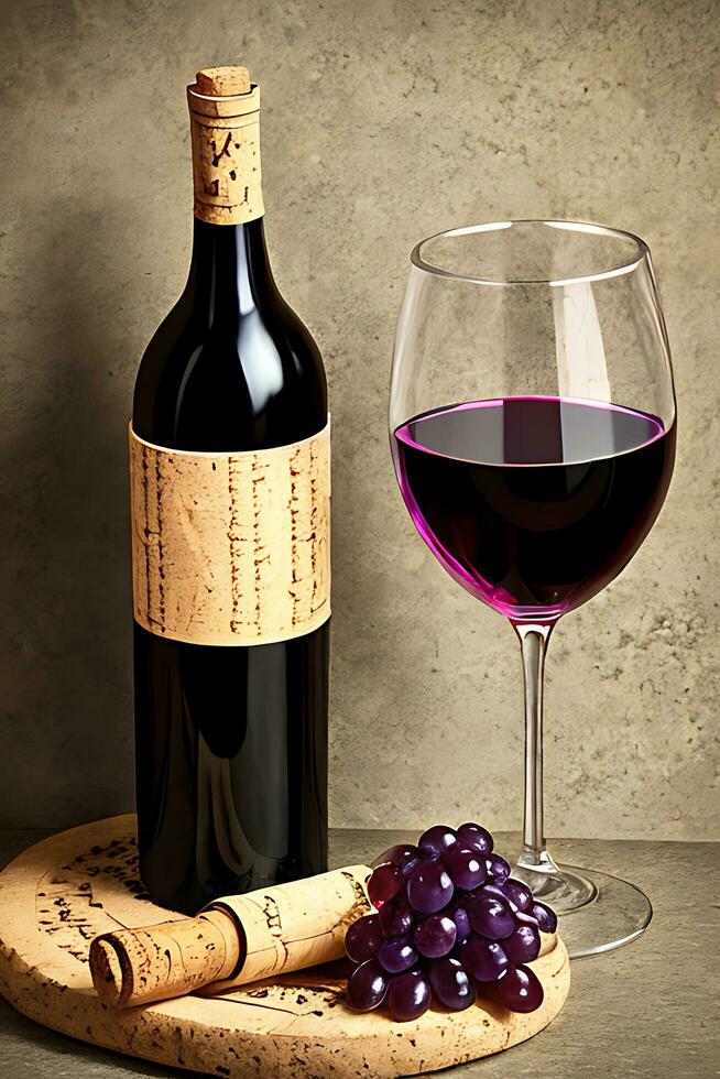 vin flaska och kopp med vindruvor. ai genererad foto