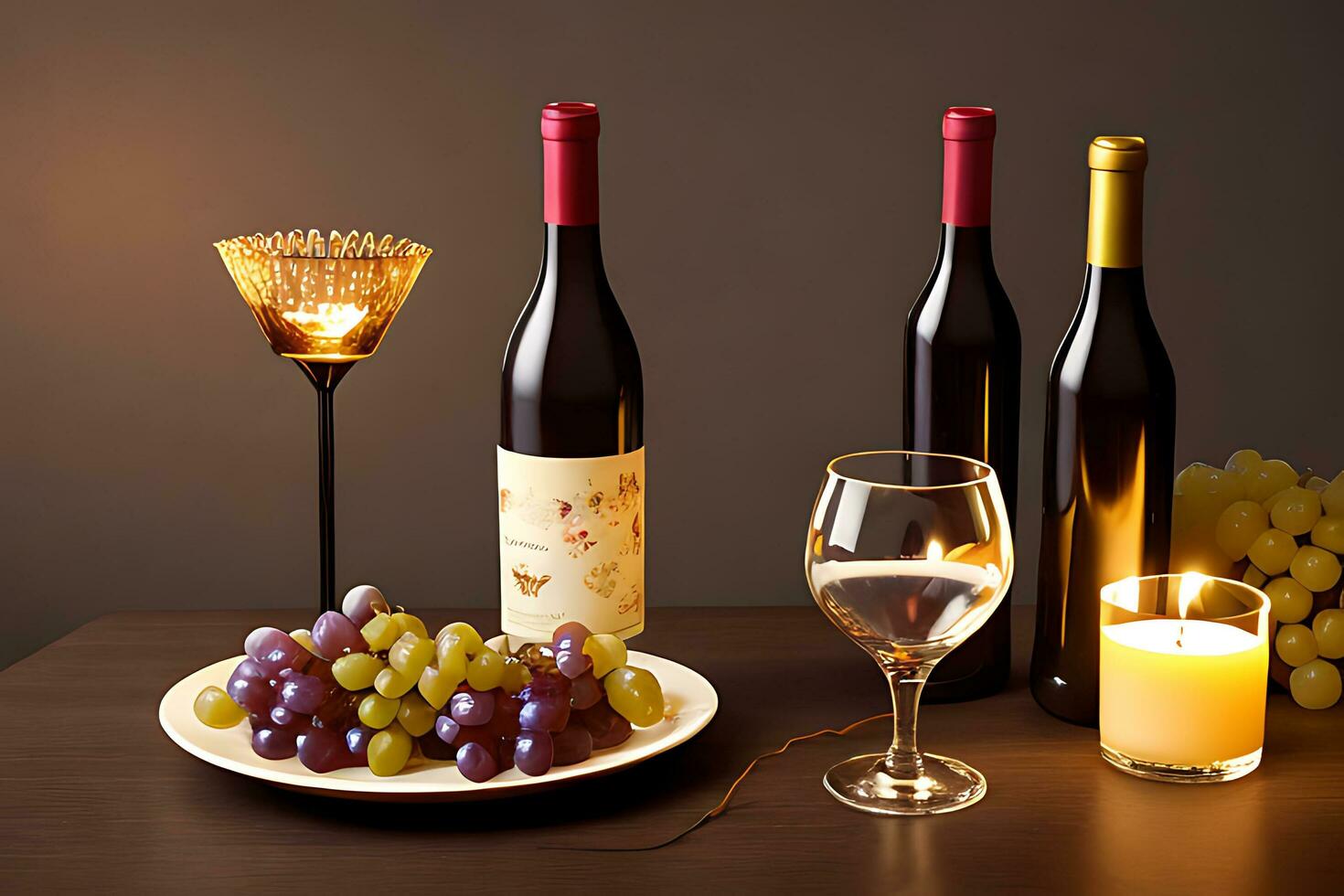 vin flaska och kopp med vindruvor. ai genererad foto