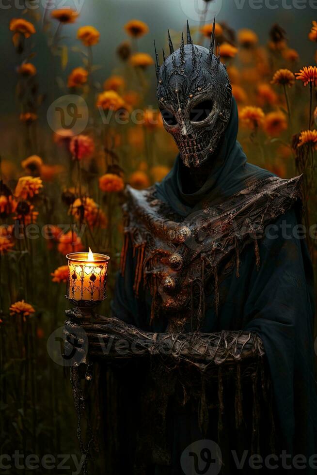 scarecrow innehav brinnande ljus i de fält av blommor. halloween. ai generativ foto