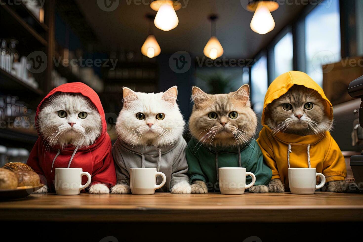 katter i en Kafé katter sammankomst i en Kafé med livsmedel ai generativ foto