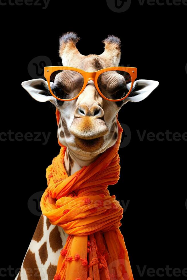 giraff bär solglasögon och orange scarf isolerat på grå bakgrund. ai generativ foto