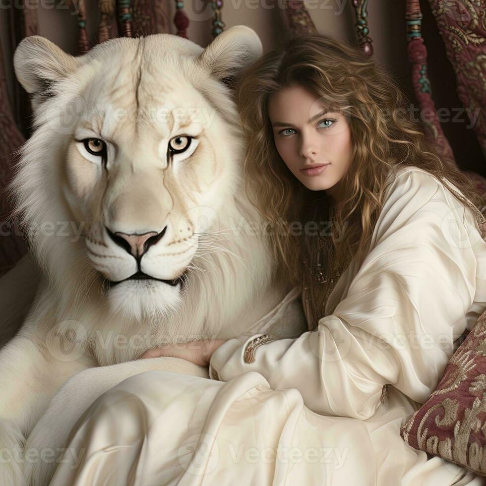 porträtt av en skön kvinna med en vit lejon. skönhet, mode. ai generativ foto