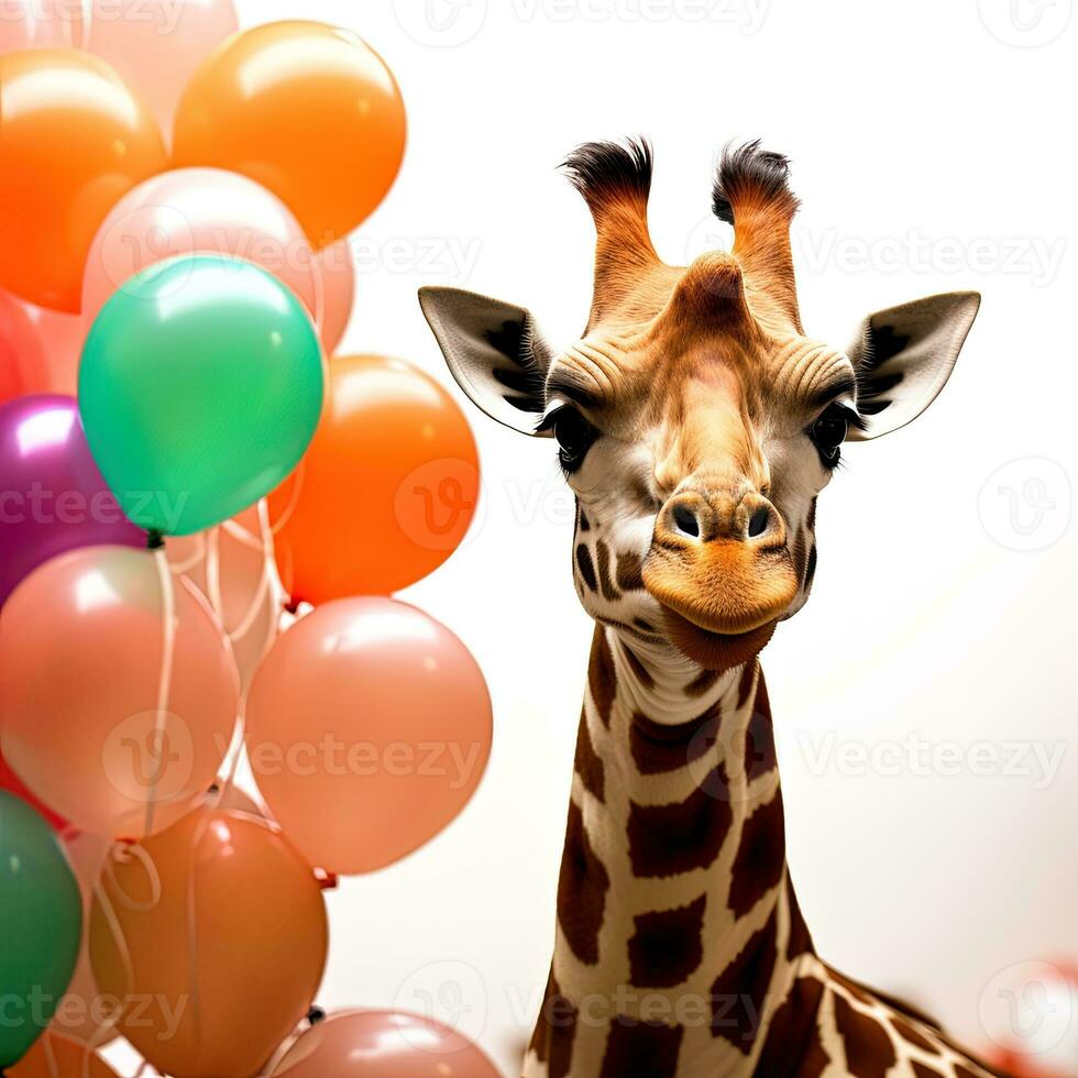 giraff huvud med färgrik ballonger isolerat på en vit bakgrund. ai generativ foto