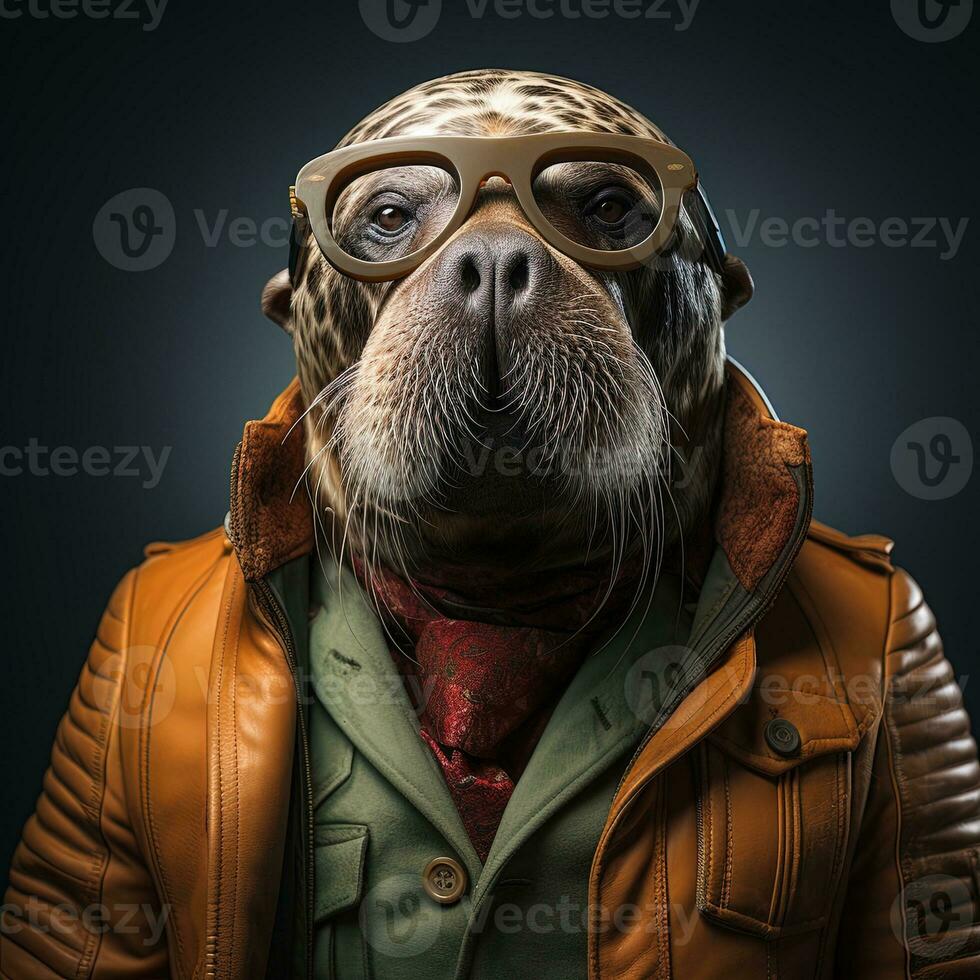 porträtt av en hund bär solglasögon och en värma hatt. antropomorf djur. ai generativ foto