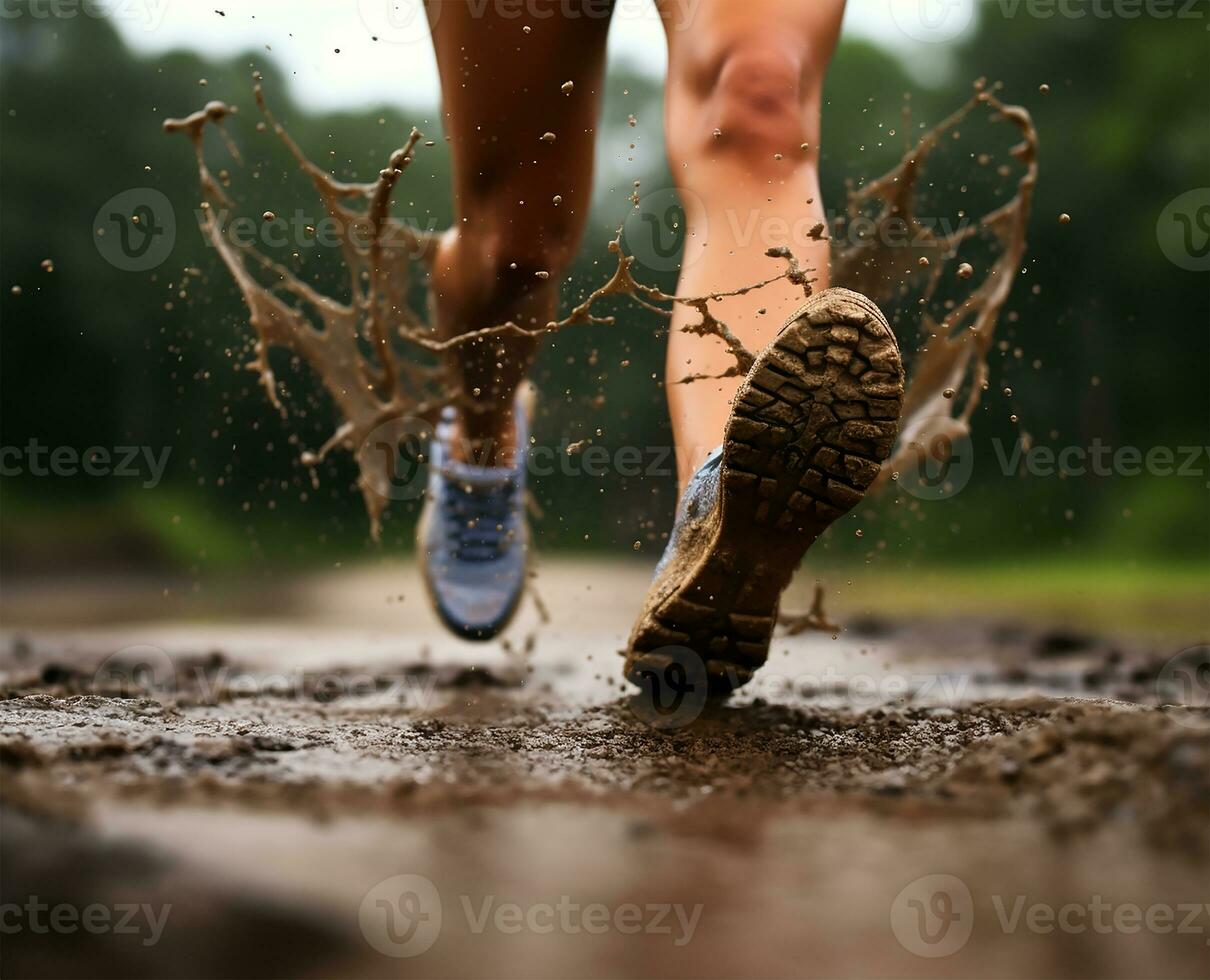en låg vinkel fångande de ben och löpning skor av en ung kvinna som de strejk de våt jord. ai genererad foto