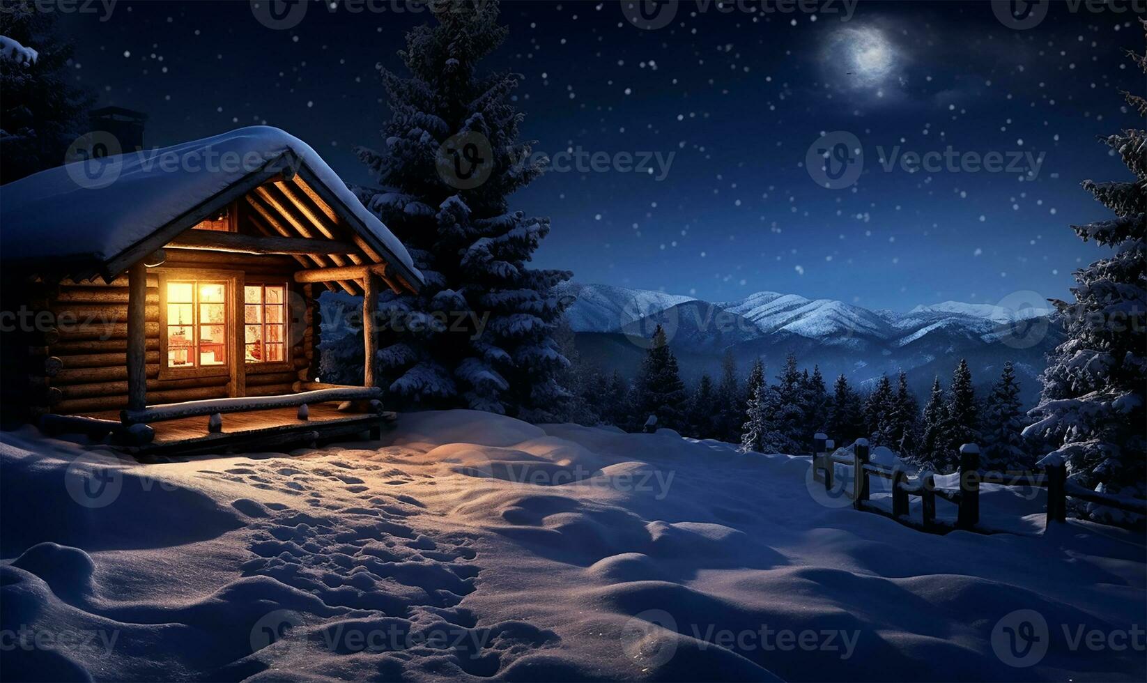 små logga stuga täckt i snö under en starry natt. ai genererad foto