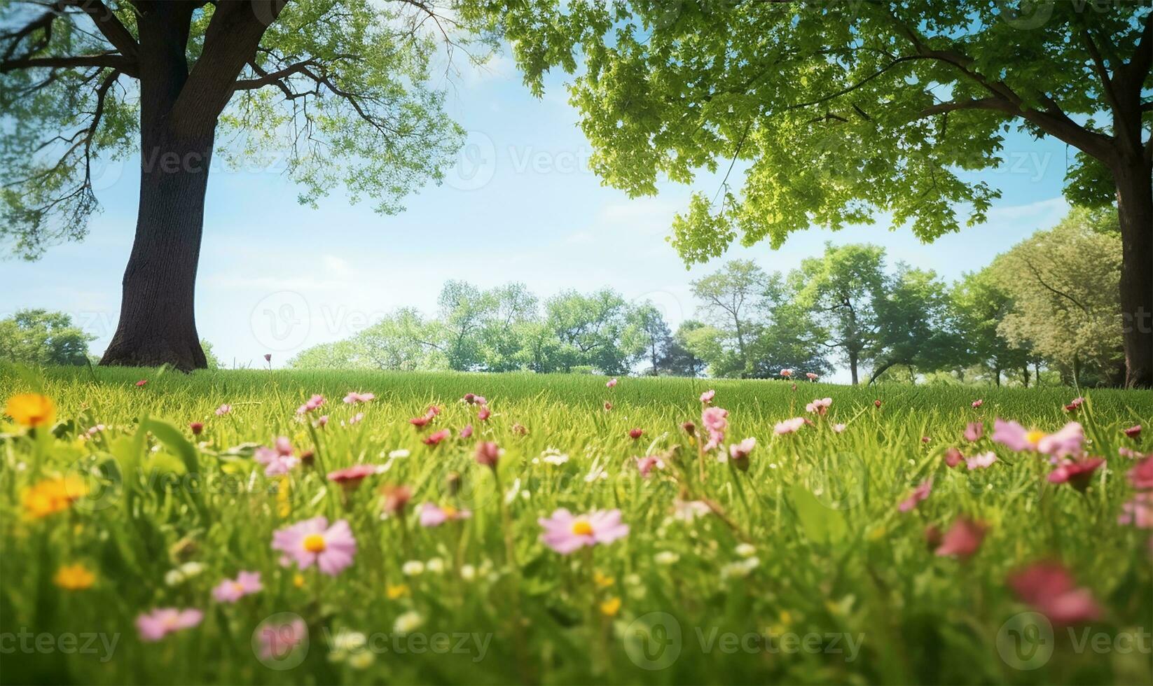 pittoresk vår glänta med blomning flora och träd uppsättning mot en klar blå himmel. ai genererad foto