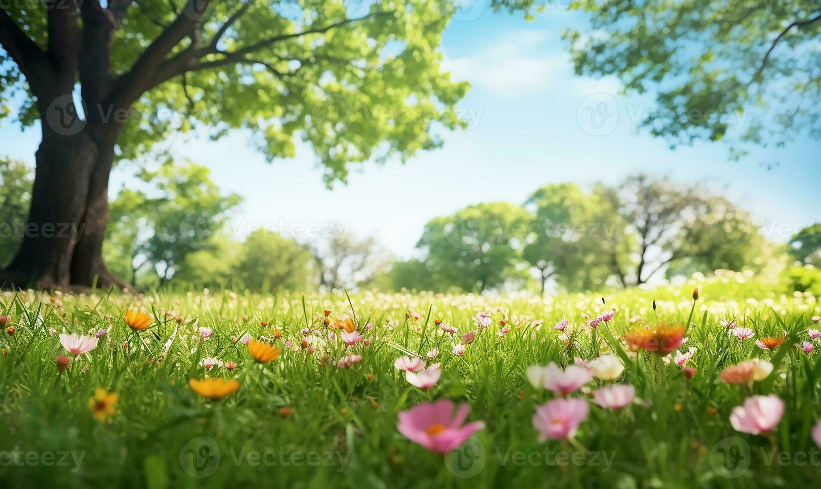 pittoresk vår glänta med blomning flora och träd uppsättning mot en klar blå himmel. ai genererad foto