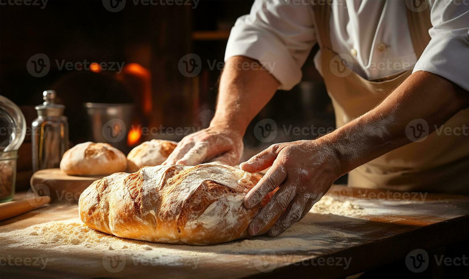 närbild fokusera på en bagare händer som de skickligt knåda de deg. ai genererad foto