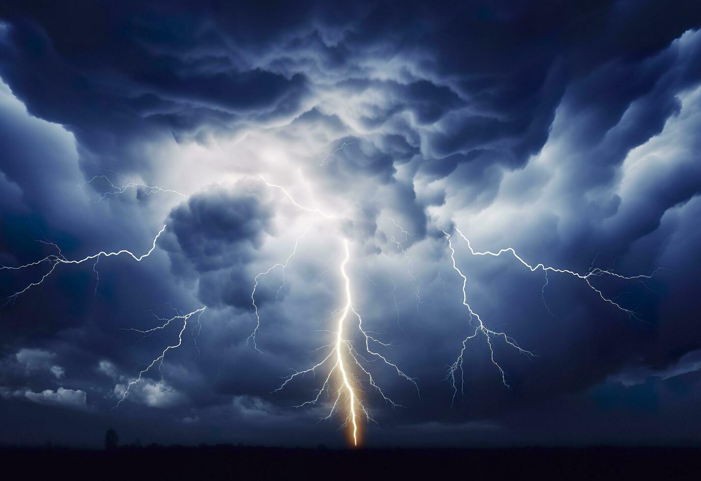 blixt- strejker på en molnig dramatisk stormig himmel. ai genererad foto