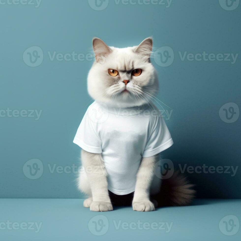en katt i en vit t-shirt för attrapp . generativ ai foto