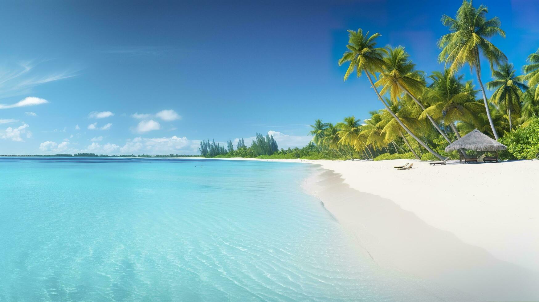 tropisk paradis strand med vit sand och kristall klar blå vatten. skön naturlig sommar semester högtider bakgrund. resa turism bred panorama bakgrund begrepp. ai generativ foto