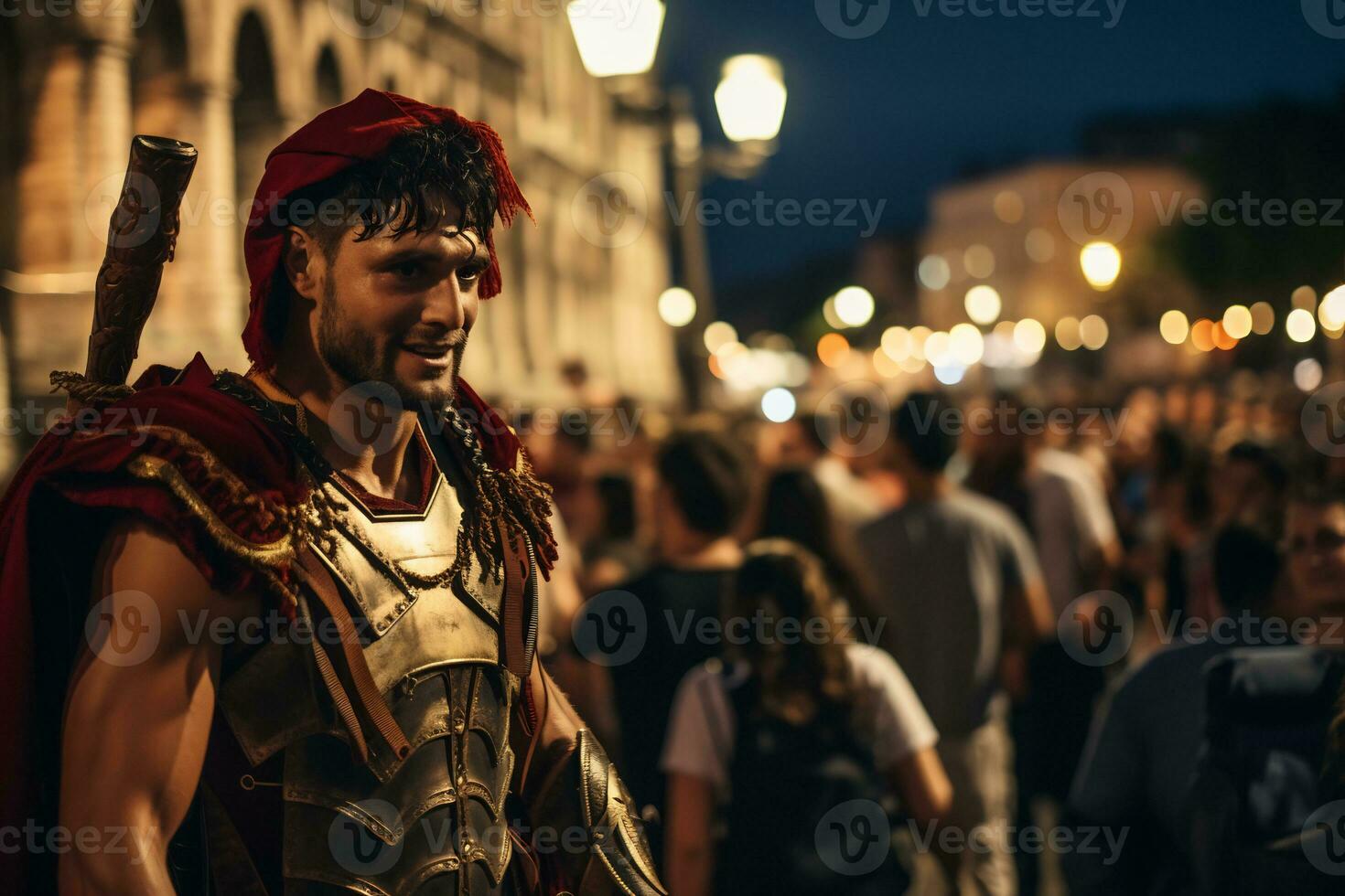 en gata artist klädd som en roman gladiator en Foto av en löpare tävlar genom en stad parkera ai generativ