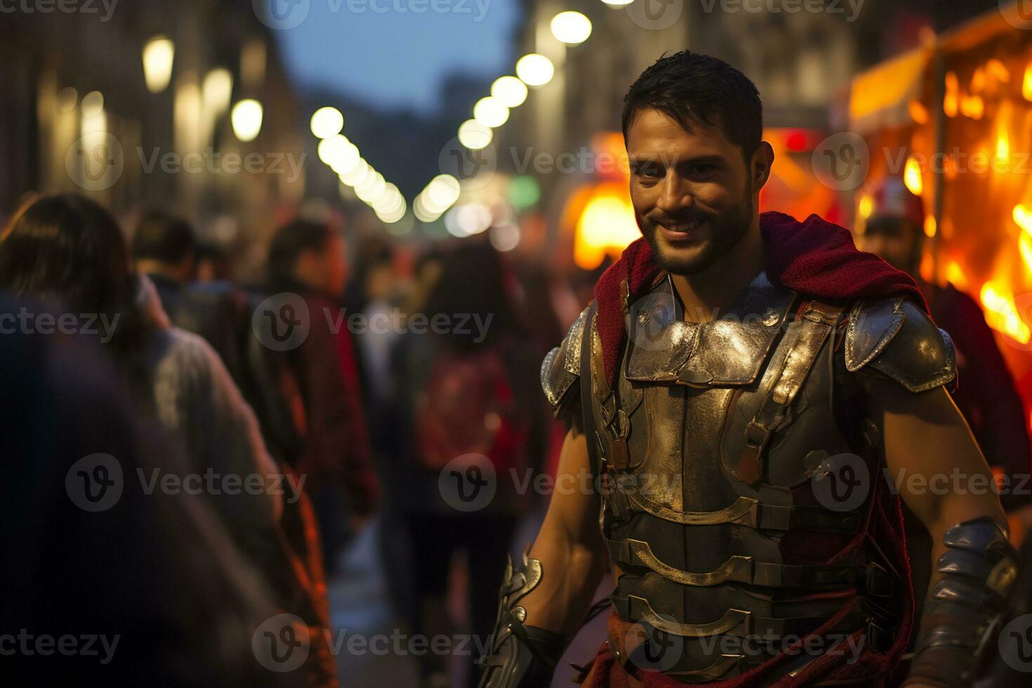 en gata artist klädd som en roman gladiator en Foto av en löpare tävlar genom en stad parkera ai generativ