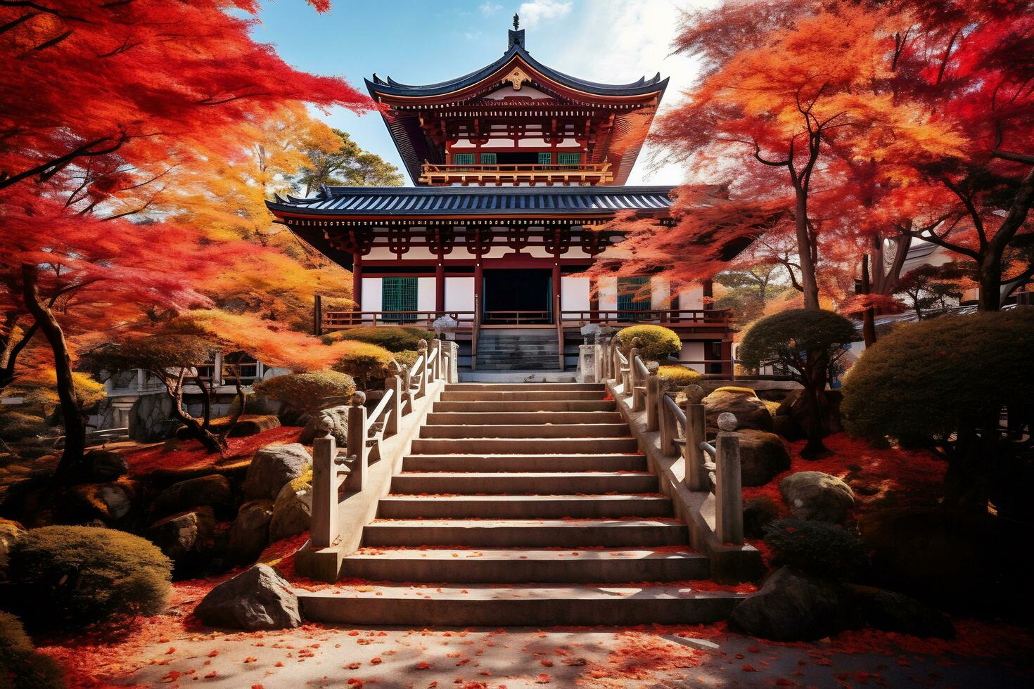 kyoto tempel Utsmyckad med vibrerande höst ai generativ foto