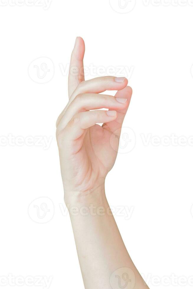 kvinna hand rörande eller pekande till något isolerat på vit bakgrund foto