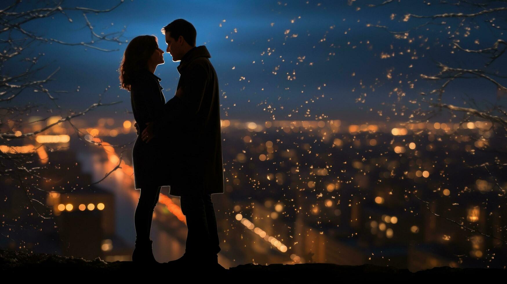 en romantisk scen med en par mot en natt stad bakgrund. foto