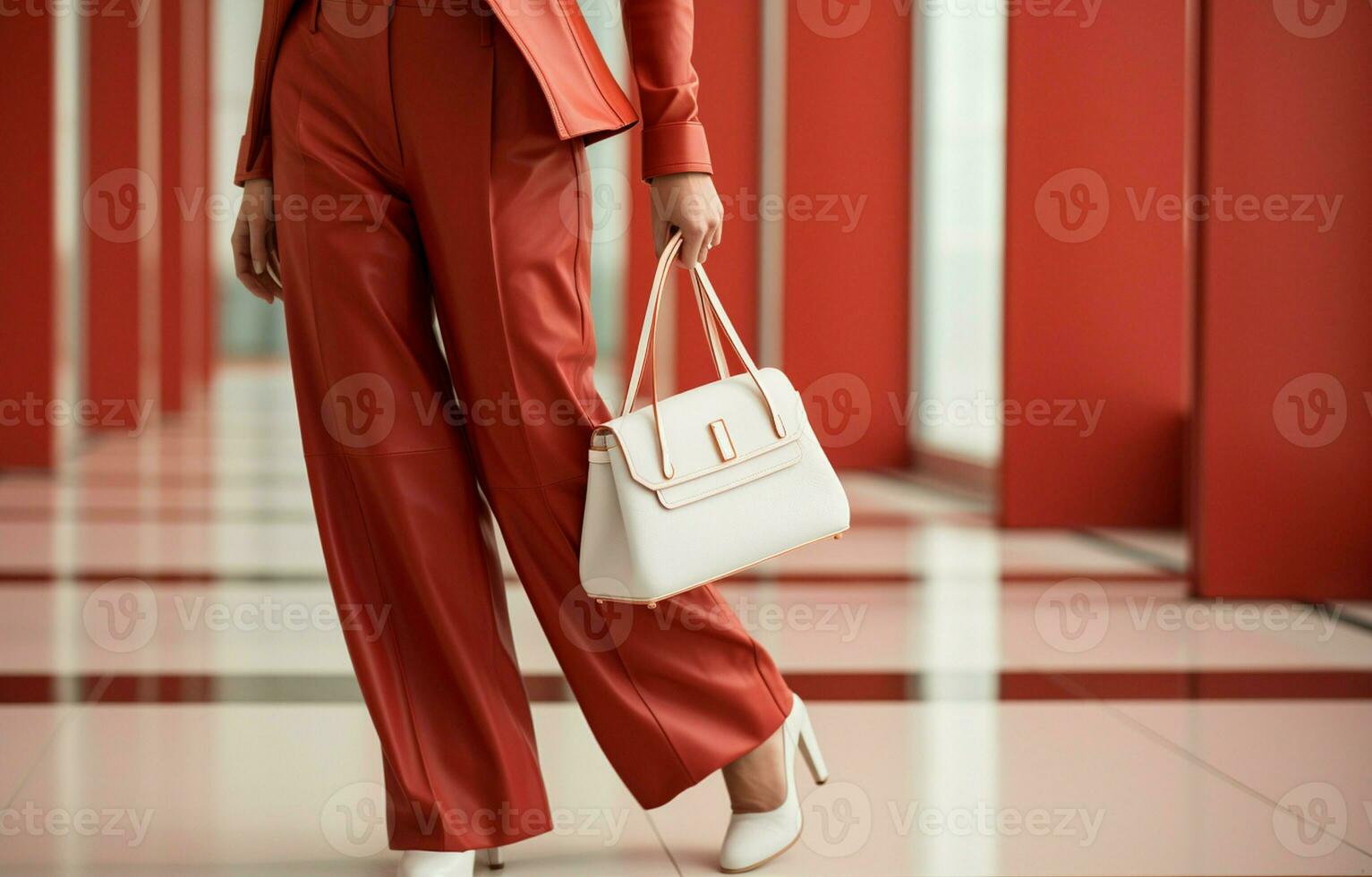 modern kvinnas klädsel bestående av en röd jacka, byxor, och en vit geometrisk väska. ai generativ foto